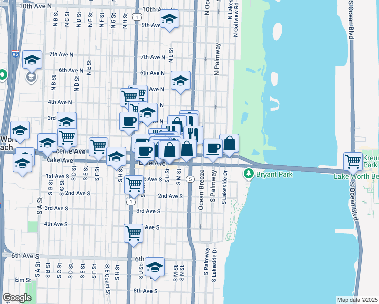 map of restaurants, bars, coffee shops, grocery stores, and more near in Lake Worth Beach