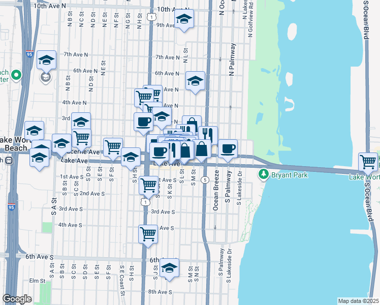 map of restaurants, bars, coffee shops, grocery stores, and more near in Lake Worth Beach