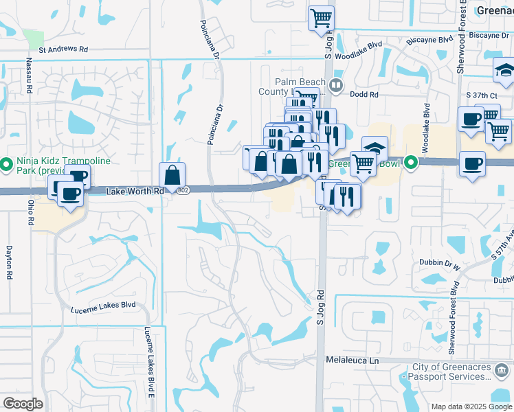 map of restaurants, bars, coffee shops, grocery stores, and more near 4090 Tivoli Court in Lake Worth