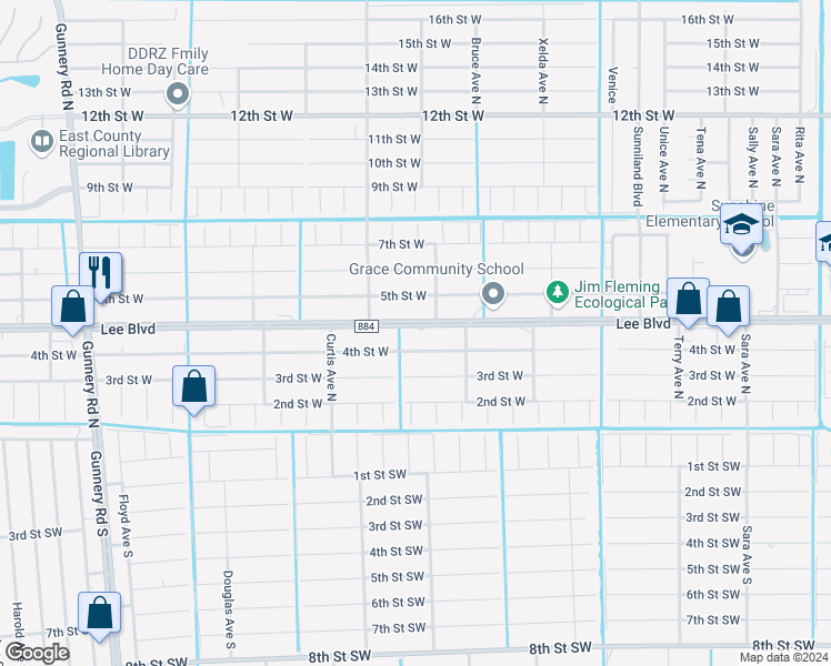 map of restaurants, bars, coffee shops, grocery stores, and more near 3905 Lee Boulevard in Lehigh Acres