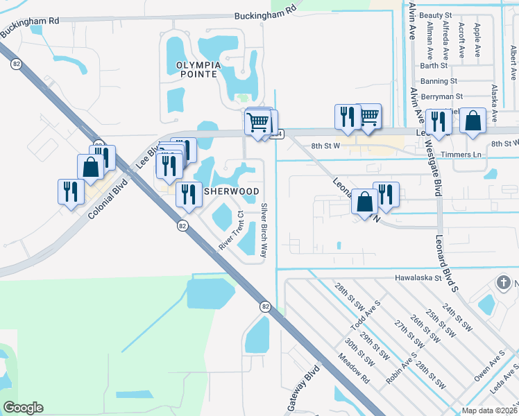 map of restaurants, bars, coffee shops, grocery stores, and more near 11523 Gainsborough Way in Lehigh Acres