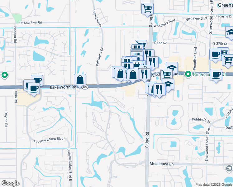map of restaurants, bars, coffee shops, grocery stores, and more near 6794 Broadwater Lane in Greenacres