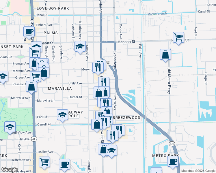 map of restaurants, bars, coffee shops, grocery stores, and more near 2535 Hunter Street in Fort Myers