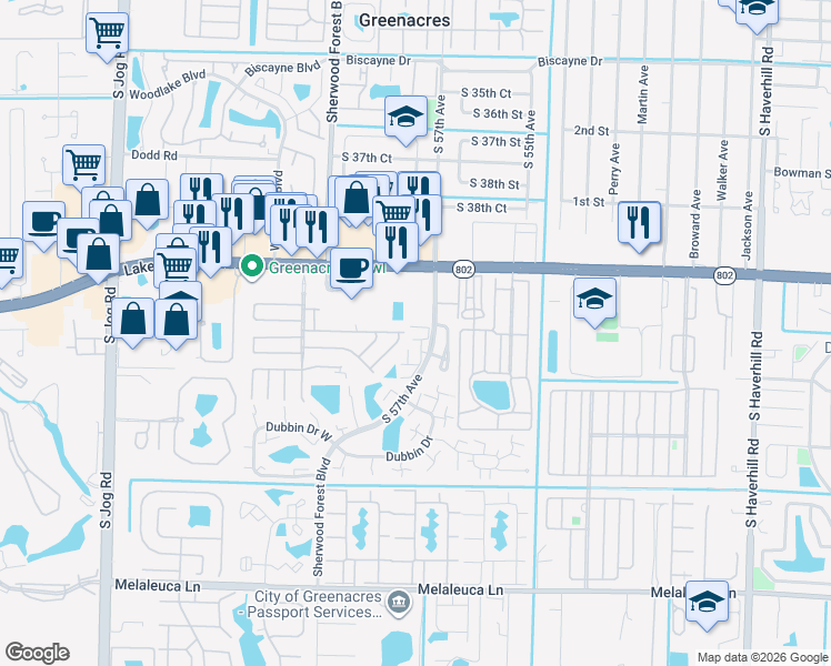 map of restaurants, bars, coffee shops, grocery stores, and more near 4020 South 57th Avenue in Greenacres