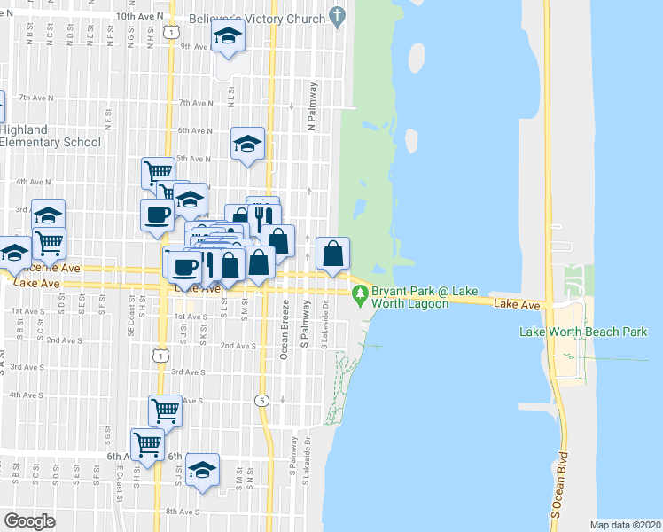 map of restaurants, bars, coffee shops, grocery stores, and more near 130 North Lakeside Drive in Lake Worth