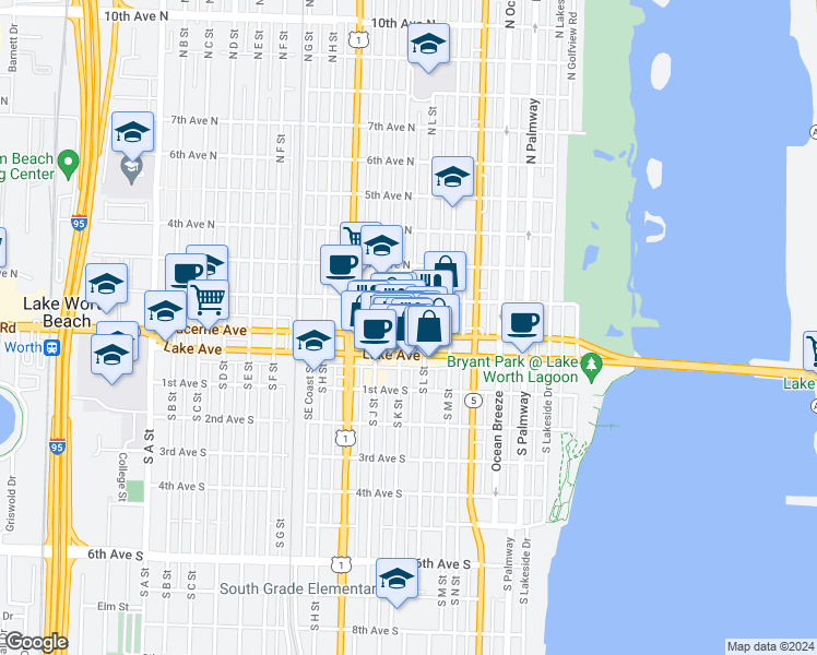 map of restaurants, bars, coffee shops, grocery stores, and more near 120 North K Street in Lake Worth