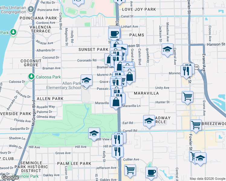 map of restaurants, bars, coffee shops, grocery stores, and more near 1942 Grace Avenue in Fort Myers