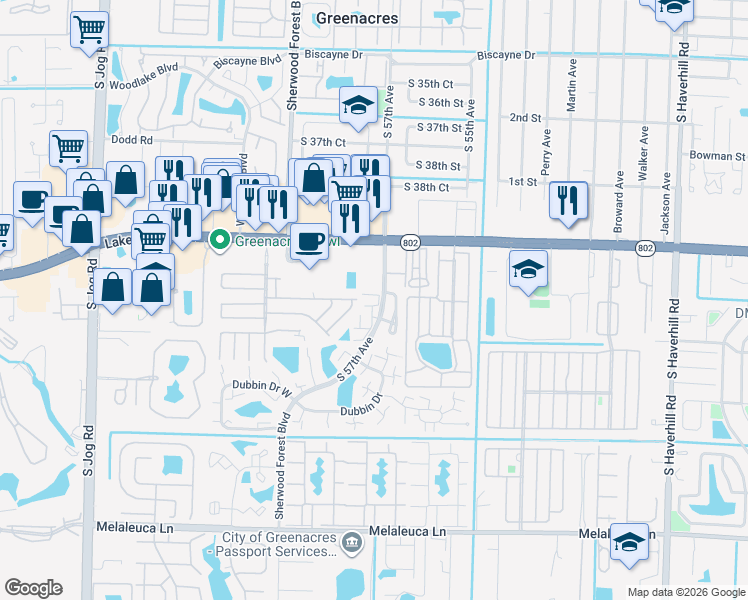 map of restaurants, bars, coffee shops, grocery stores, and more near 4020 South 57th Avenue in Greenacres