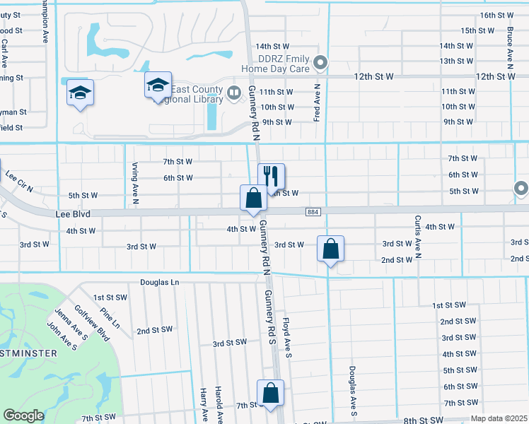 map of restaurants, bars, coffee shops, grocery stores, and more near Lee Blvd & Gunnery Rd N in Lehigh Acres