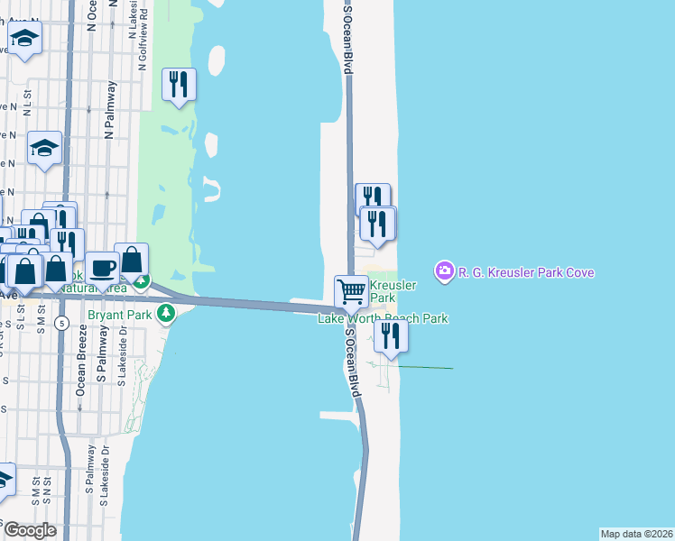 map of restaurants, bars, coffee shops, grocery stores, and more near 2860 South Ocean Boulevard in Palm Beach