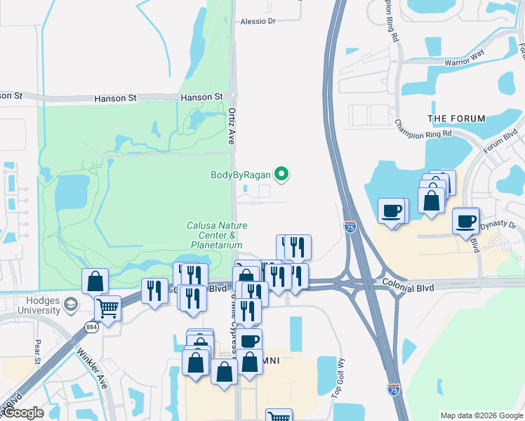 map of restaurants, bars, coffee shops, grocery stores, and more near 5015 Mina Circle in Fort Myers