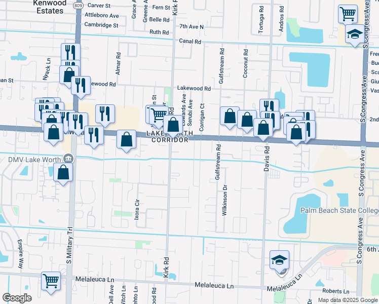 map of restaurants, bars, coffee shops, grocery stores, and more near in Lake Worth