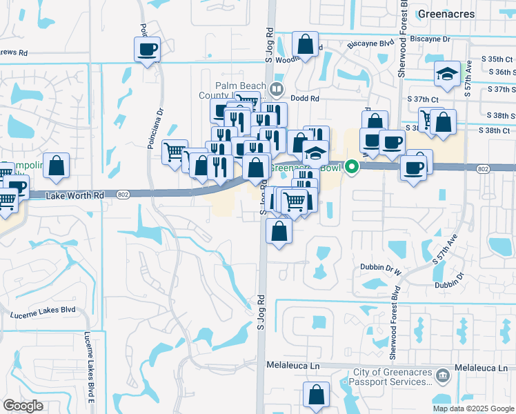 map of restaurants, bars, coffee shops, grocery stores, and more near 4080 Jog Road in Greenacres