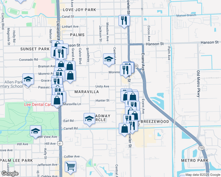map of restaurants, bars, coffee shops, grocery stores, and more near 3265 Central Avenue in Fort Myers