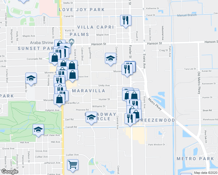 map of restaurants, bars, coffee shops, grocery stores, and more near 2307 Unity Avenue in Fort Myers
