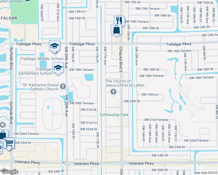 map of restaurants, bars, coffee shops, grocery stores, and more near 1631 Southwest 19th Terrace in Cape Coral