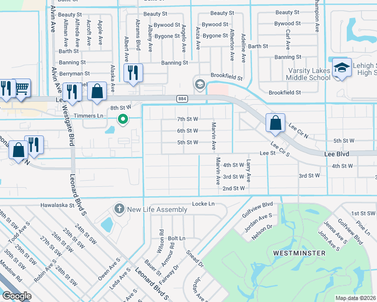 map of restaurants, bars, coffee shops, grocery stores, and more near 5301 5th Street West in Lehigh Acres