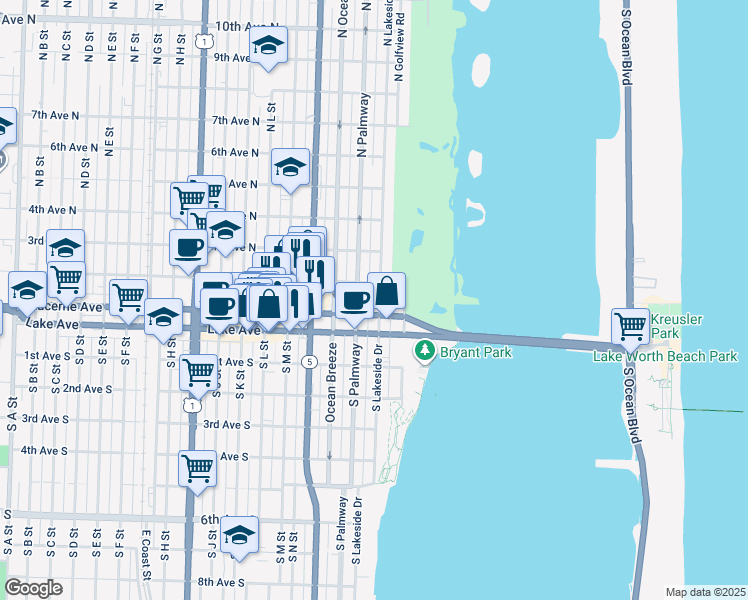 map of restaurants, bars, coffee shops, grocery stores, and more near 130 North Lakeside Drive in Lake Worth
