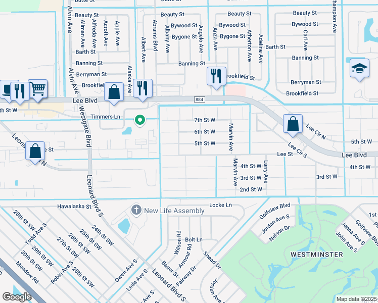 map of restaurants, bars, coffee shops, grocery stores, and more near 5313 5th Street West in Lehigh Acres