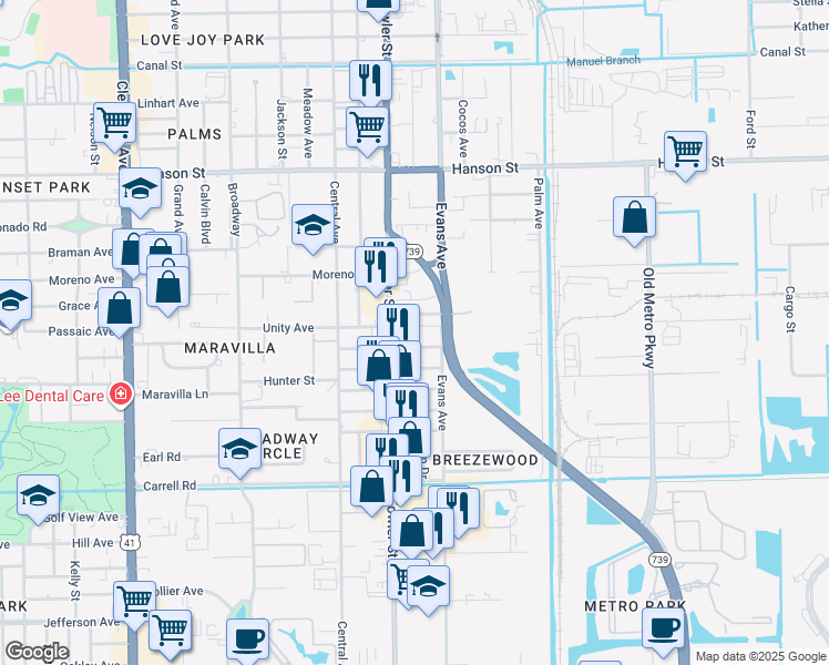 map of restaurants, bars, coffee shops, grocery stores, and more near 2537 Kennesaw Street in Fort Myers