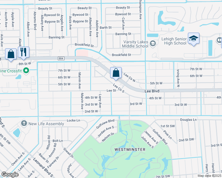 map of restaurants, bars, coffee shops, grocery stores, and more near 5100 Lee Street in Lehigh Acres