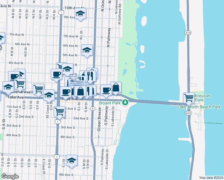 map of restaurants, bars, coffee shops, grocery stores, and more near 130 North Lakeside Drive in Lake Worth