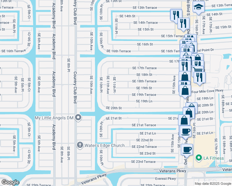 map of restaurants, bars, coffee shops, grocery stores, and more near 1104 Southeast 19th Street in Cape Coral