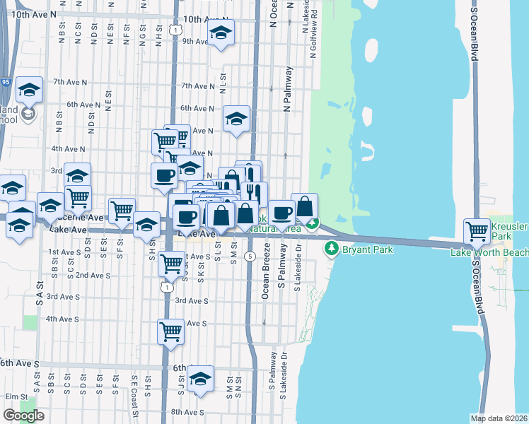 map of restaurants, bars, coffee shops, grocery stores, and more near 125 North O Street in Lake Worth