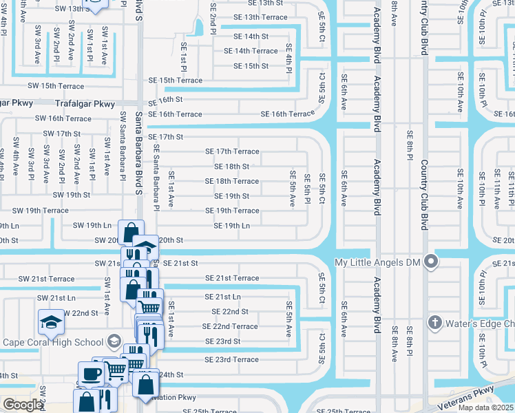 map of restaurants, bars, coffee shops, grocery stores, and more near 317 Southeast 19th Terrace in Cape Coral