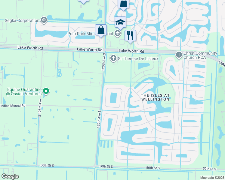 map of restaurants, bars, coffee shops, grocery stores, and more near 11804 Osprey Point Circle in Wellington