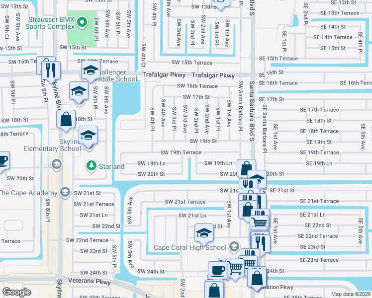 map of restaurants, bars, coffee shops, grocery stores, and more near 233 Southwest 19th Terrace in Cape Coral