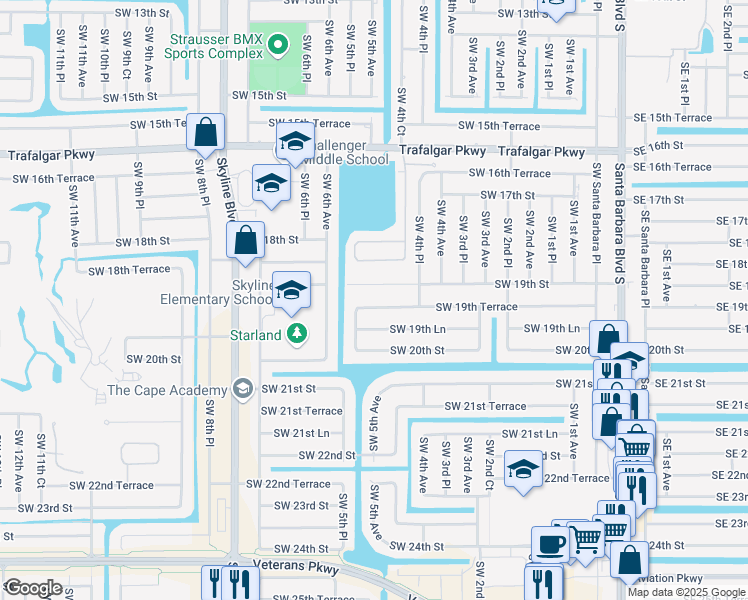 map of restaurants, bars, coffee shops, grocery stores, and more near 447 Southwest 19th Terrace in Cape Coral