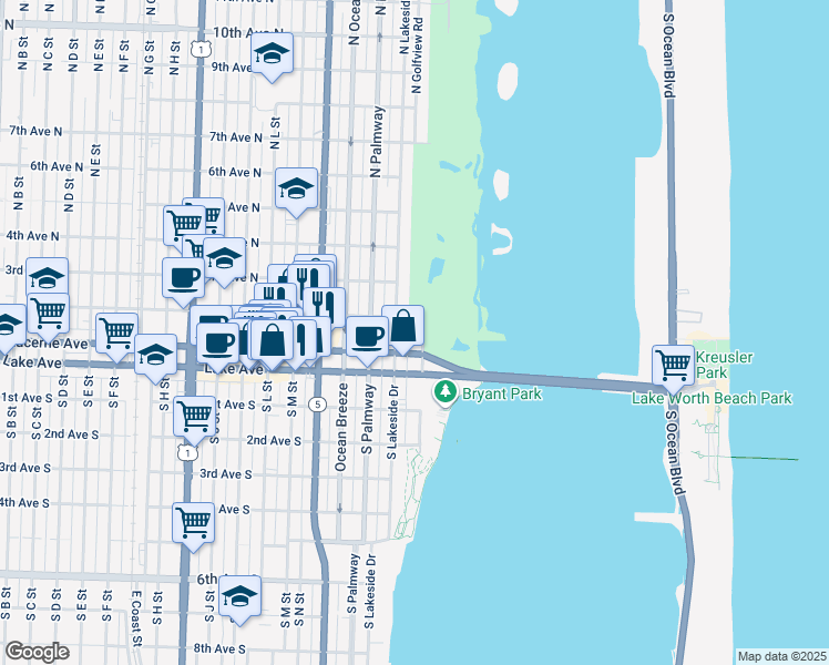 map of restaurants, bars, coffee shops, grocery stores, and more near 130 North Lakeside Drive in Lake Worth