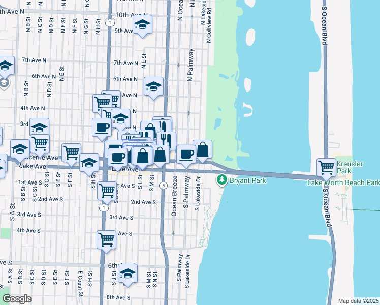 map of restaurants, bars, coffee shops, grocery stores, and more near 127 North Palmway in Lake Worth