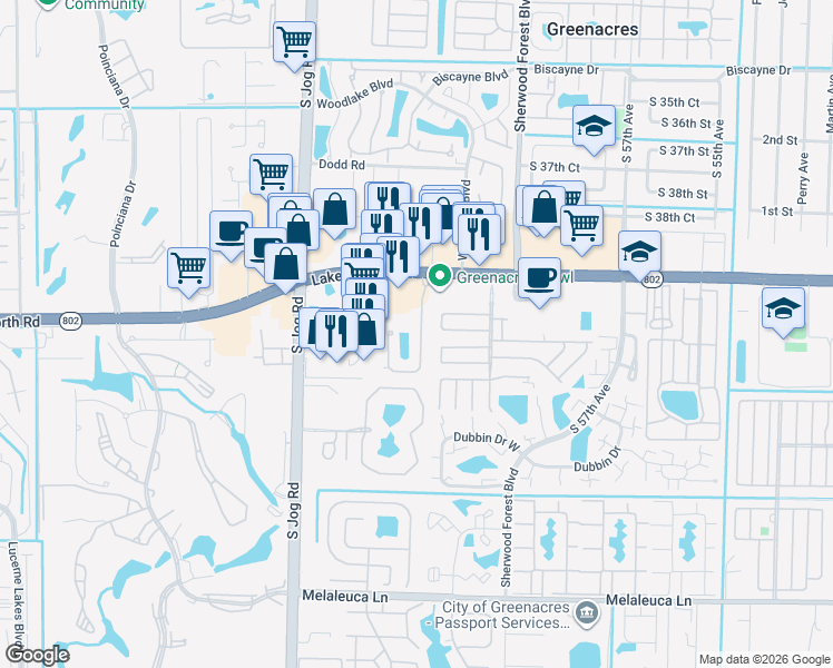 map of restaurants, bars, coffee shops, grocery stores, and more near 709 Seminole Palms Drive in Lake Worth