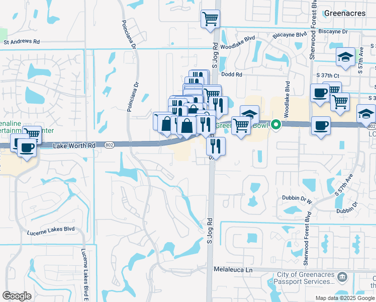 map of restaurants, bars, coffee shops, grocery stores, and more near in Greenacres