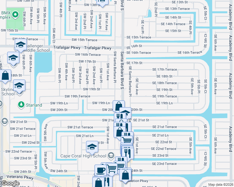 map of restaurants, bars, coffee shops, grocery stores, and more near 10 Southwest 19th Street in Cape Coral