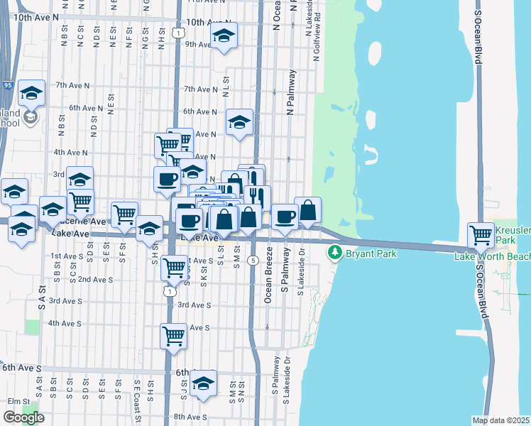 map of restaurants, bars, coffee shops, grocery stores, and more near 125 North O Street in Lake Worth