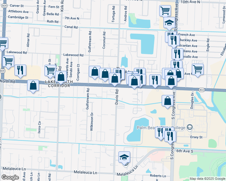 map of restaurants, bars, coffee shops, grocery stores, and more near 3580 Lake Worth Road in Palm Springs