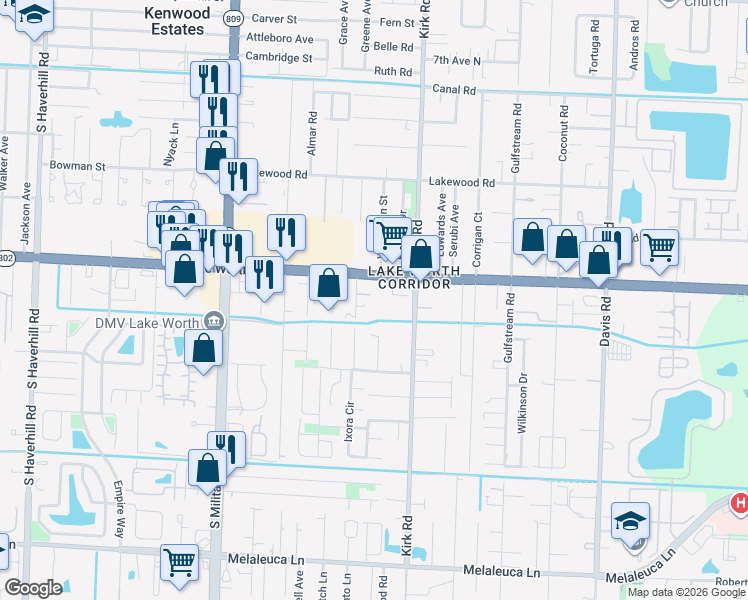 map of restaurants, bars, coffee shops, grocery stores, and more near 4020b Cooley Court in Lake Worth