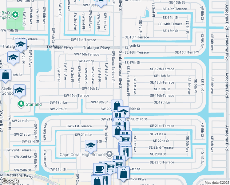 map of restaurants, bars, coffee shops, grocery stores, and more near 10 Southwest 19th Street in Cape Coral