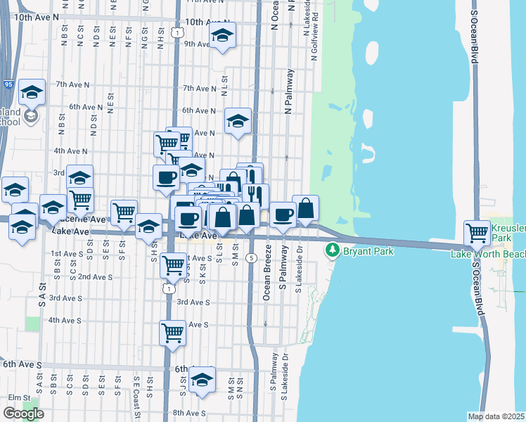 map of restaurants, bars, coffee shops, grocery stores, and more near 125 North O Street in Lake Worth