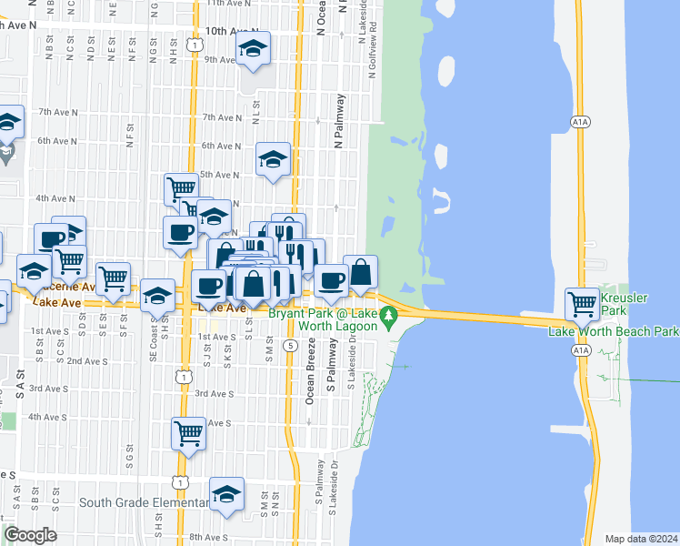map of restaurants, bars, coffee shops, grocery stores, and more near 127 North Palmway in Lake Worth
