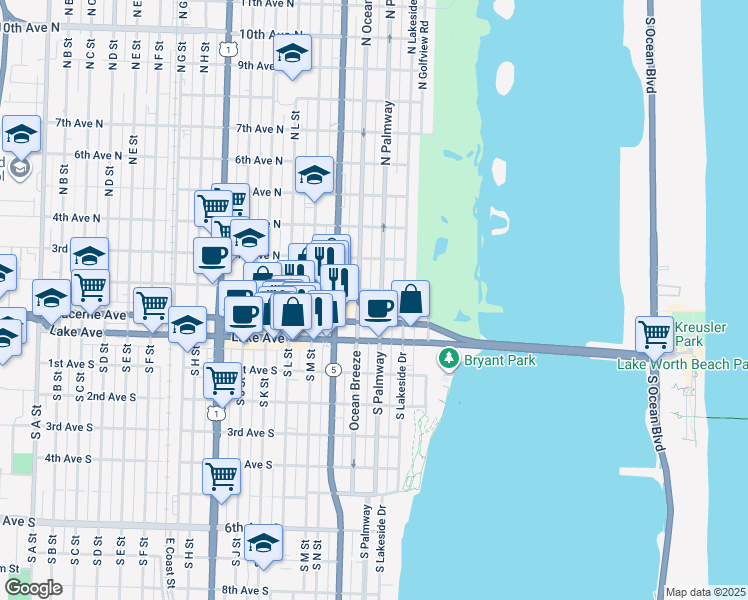 map of restaurants, bars, coffee shops, grocery stores, and more near 127 North Palmway in Lake Worth