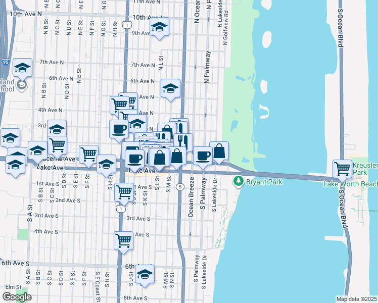 map of restaurants, bars, coffee shops, grocery stores, and more near 125 North O Street in Lake Worth