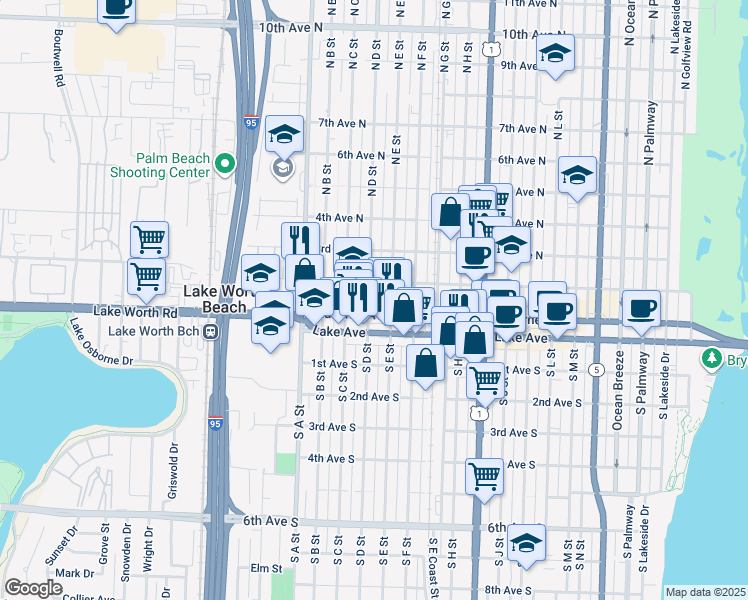 map of restaurants, bars, coffee shops, grocery stores, and more near 1401 2nd Avenue North in Lake Worth