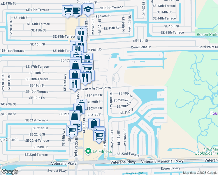map of restaurants, bars, coffee shops, grocery stores, and more near 1781 4 Mile Cove Parkway in Cape Coral