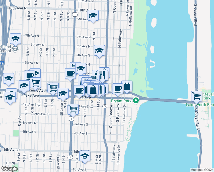 map of restaurants, bars, coffee shops, grocery stores, and more near 125 North O Street in Lake Worth