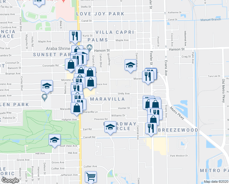 map of restaurants, bars, coffee shops, grocery stores, and more near 2209 Unity Avenue in Fort Myers