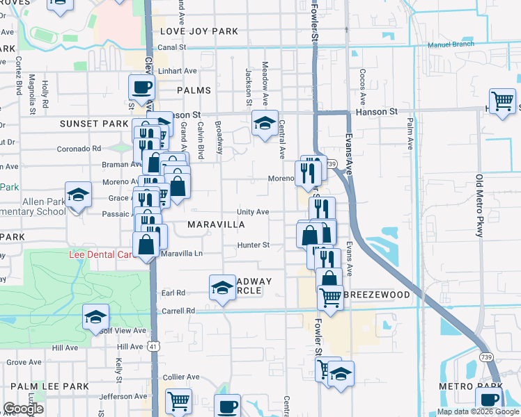map of restaurants, bars, coffee shops, grocery stores, and more near 2307 Unity Avenue in Fort Myers